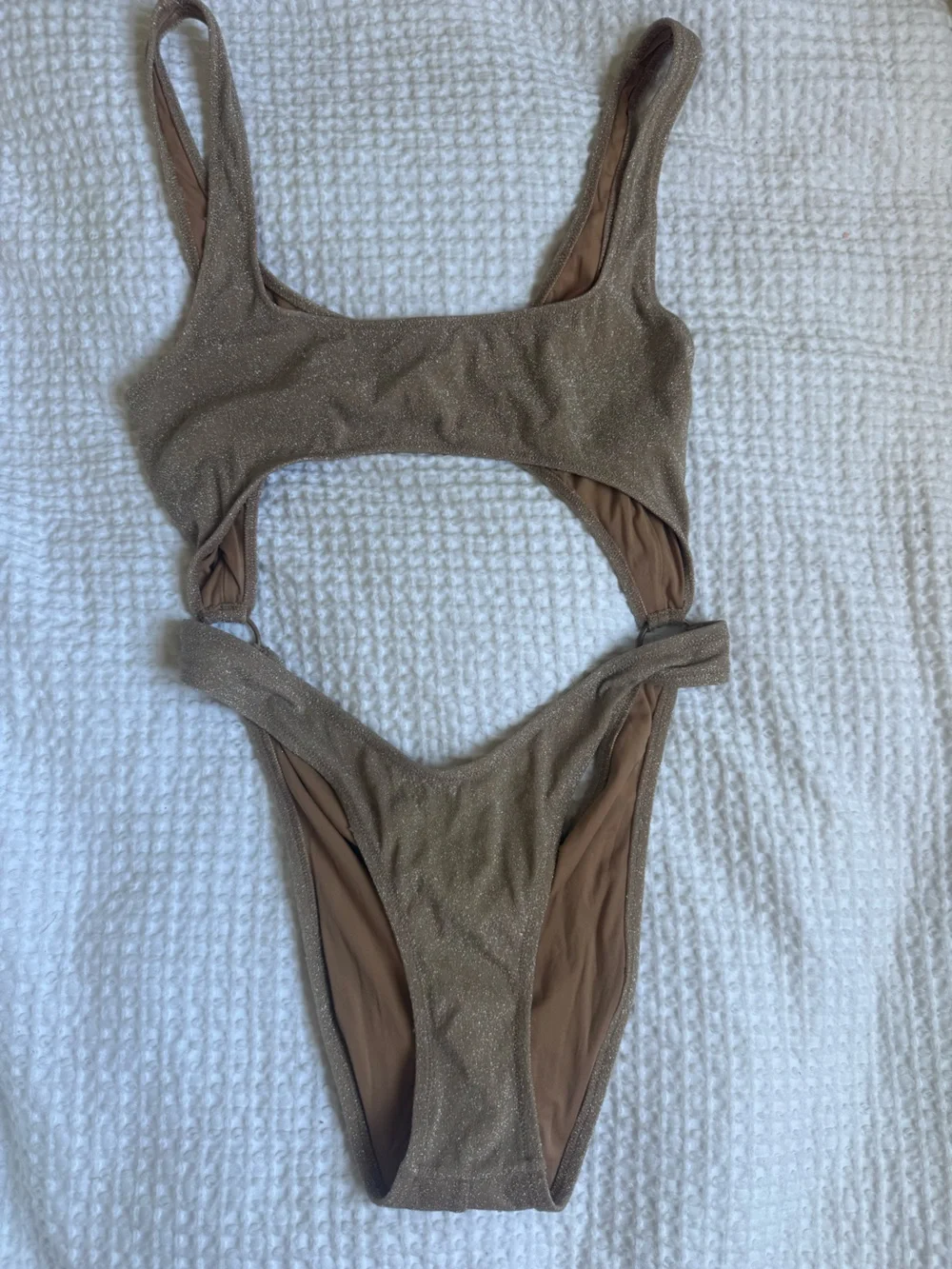 Skims Glitter Gold Metallic Cutout One-Piece Monokini Sienna Beige Swimsuit L
